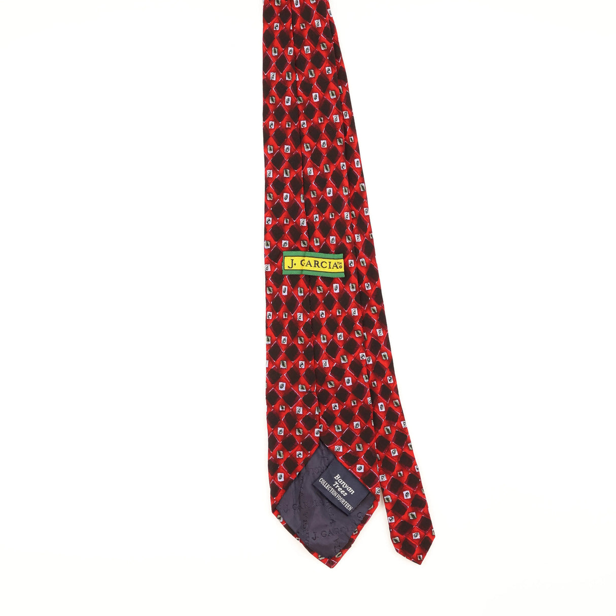 Back of Vintage 1990's Jerry Garcia Banyan Trees Geometric Patterned Tie
