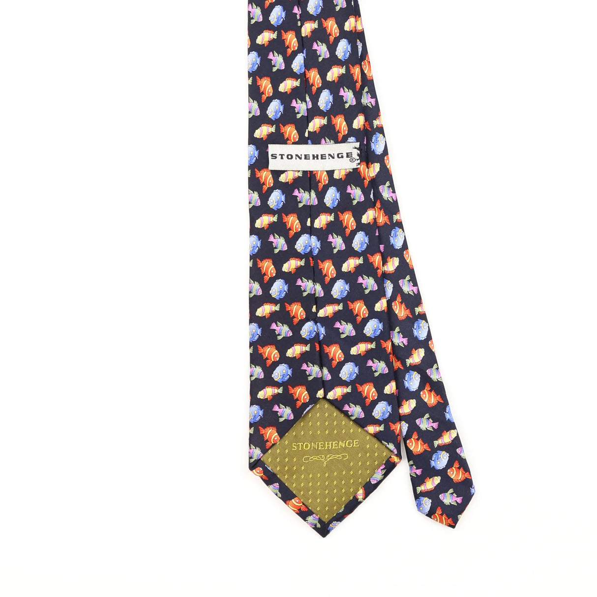 Back Detail of Vintage Stonehenge Fish Animal Print Patterned Tie