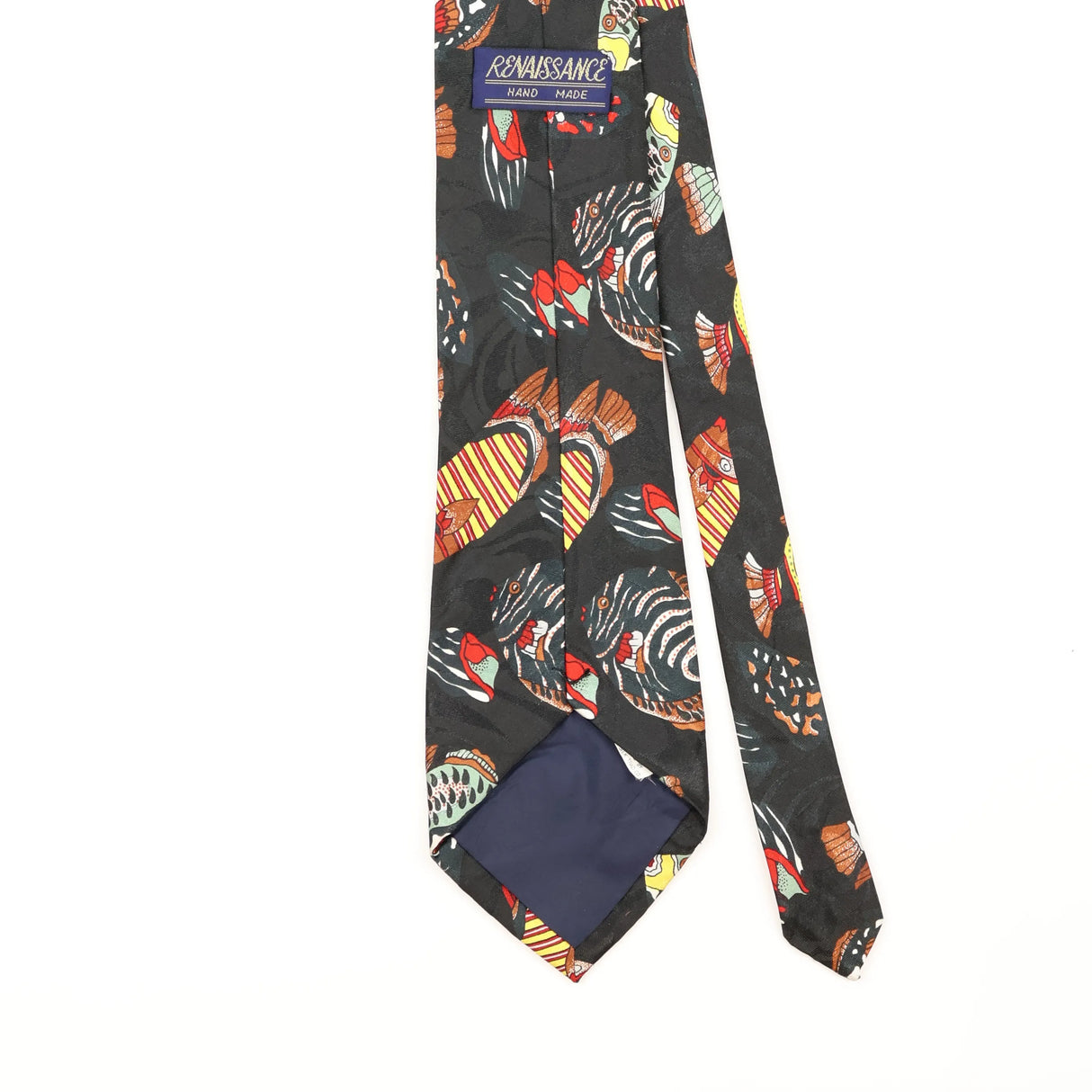 Back Detail of Vintage 1990's Renaissance Fish Animal Print Patterned Tie