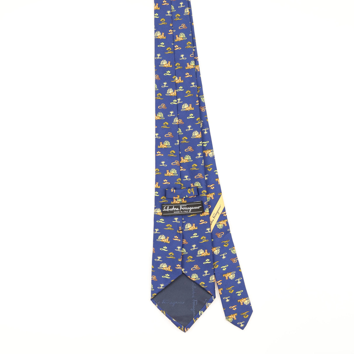 Back of Vintage 1990's Salvatore Ferragamo Tiger Geometric Patterned Tie