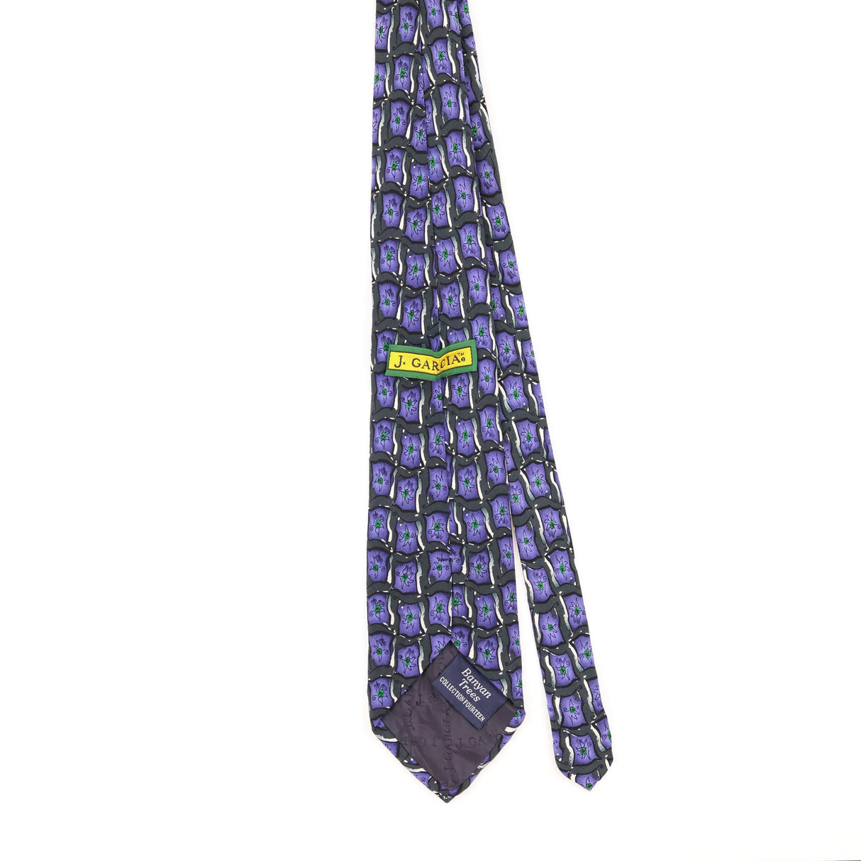 Back of Vintage 1980's Jerry Garcia Banyan Trees Geometric Patterned Tie