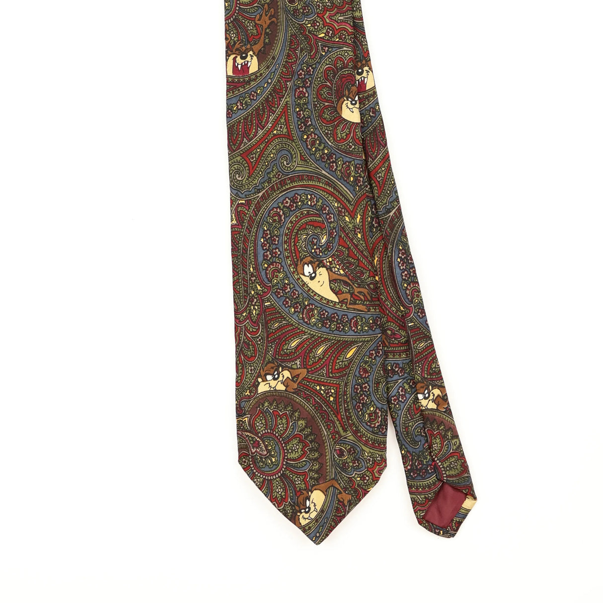 Front Front Detail of Vintage 1990's Looney Tunes Tazmanian Devil Paisley Patterned Tie