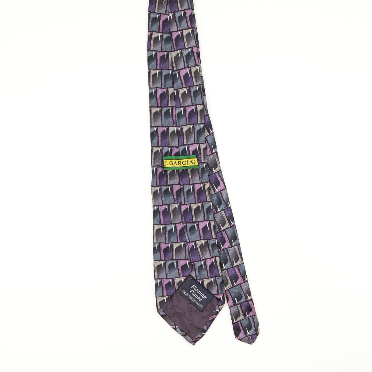 Back of Vintage 1990's Jerry Garcia Floating Planes Geometric Patterned Tie