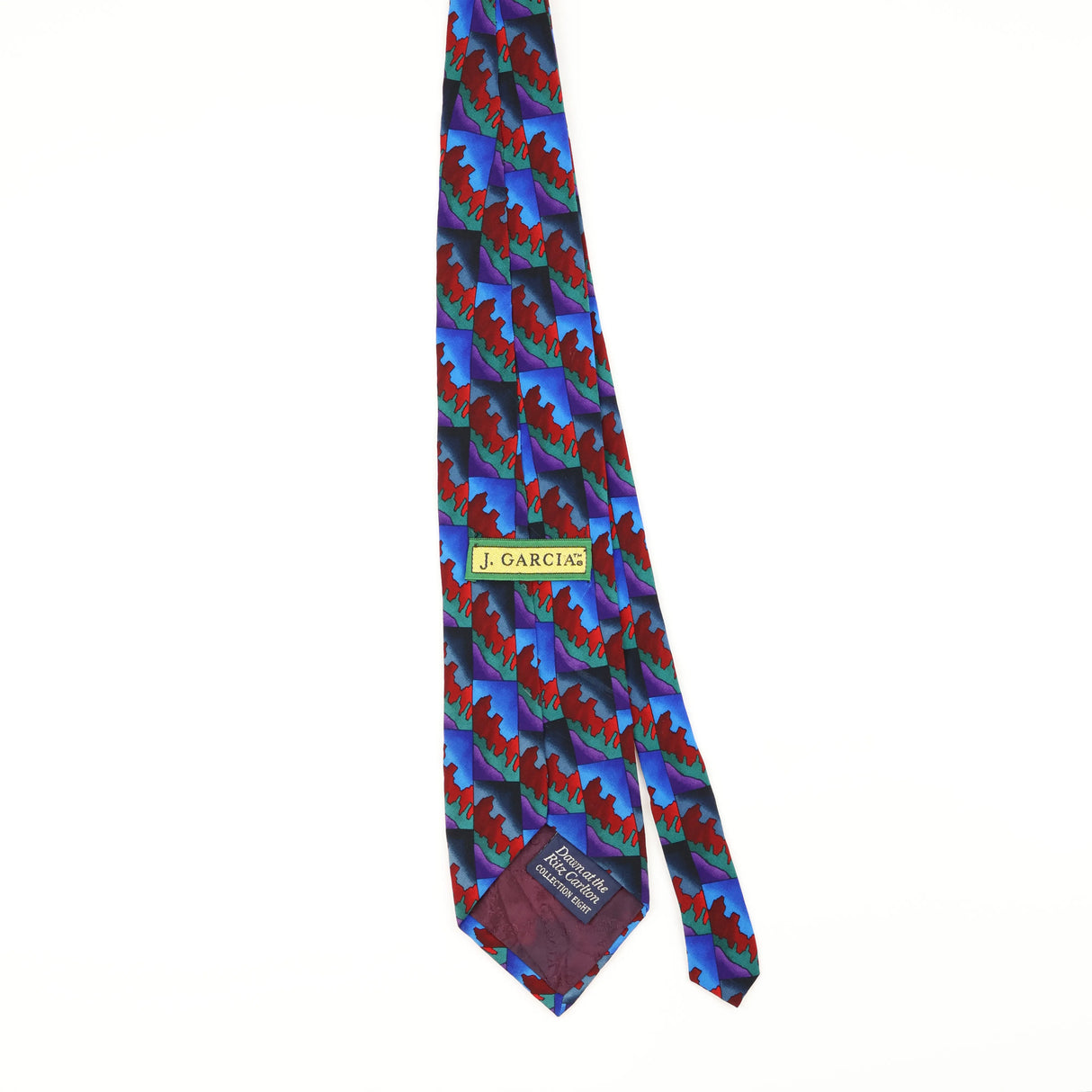 Back of Vintage 1990's Jerry Garcia Dawn At The Ritz Geometric Patterned Tie
