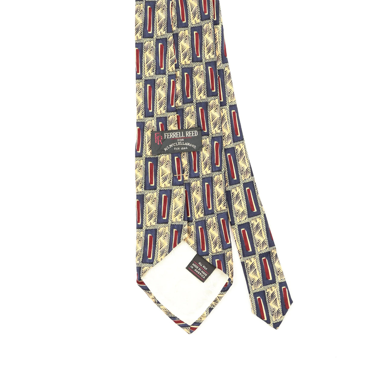 Back Back Detail of Vintage 1990's Ferrell Reed Geometric Patterned Tie