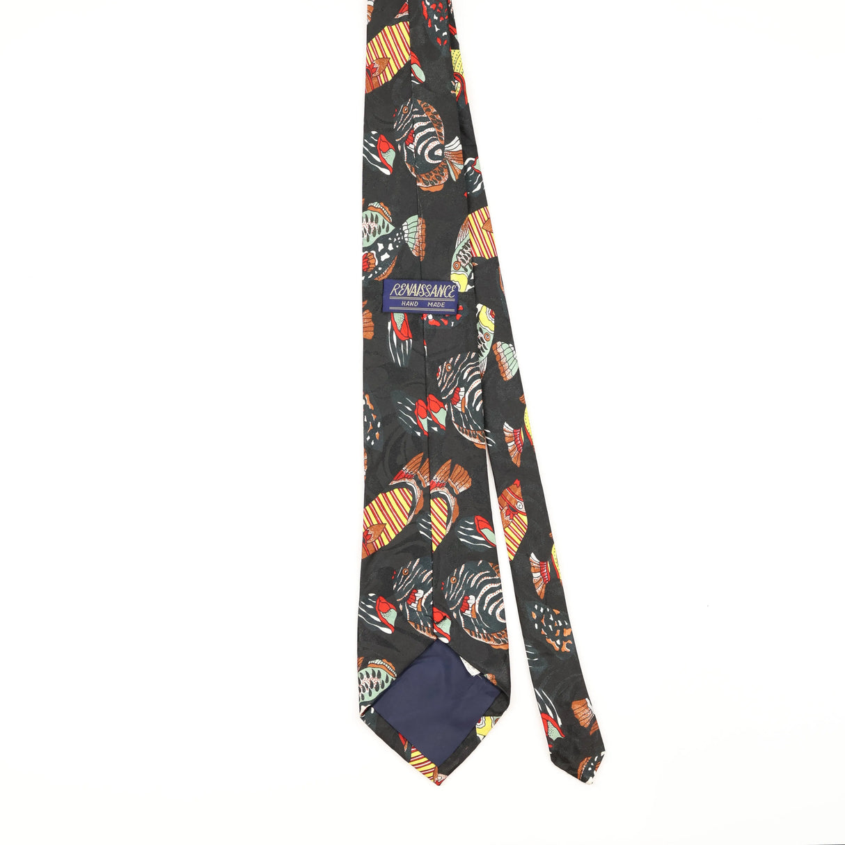 Back of Vintage 1990's Renaissance Fish Animal Print Patterned Tie
