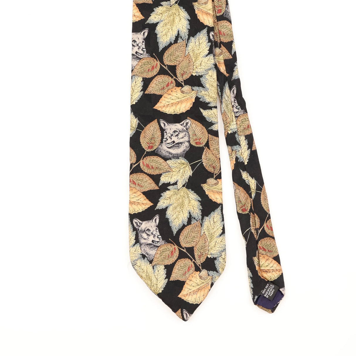 Front Detail of Vintage 1990's Max Raab Wolf Animal Print Patterned Tie