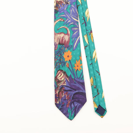 Front Detail of Vintage 1990's Dinosaurs Animal Print Patterned Tie