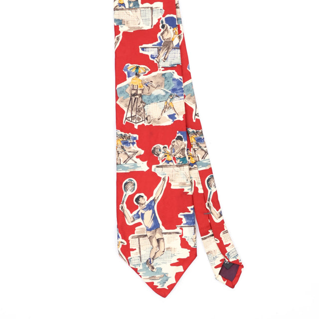 Front Front Detail of Vintage 1990's Tennis Cartoon Patterned Tie