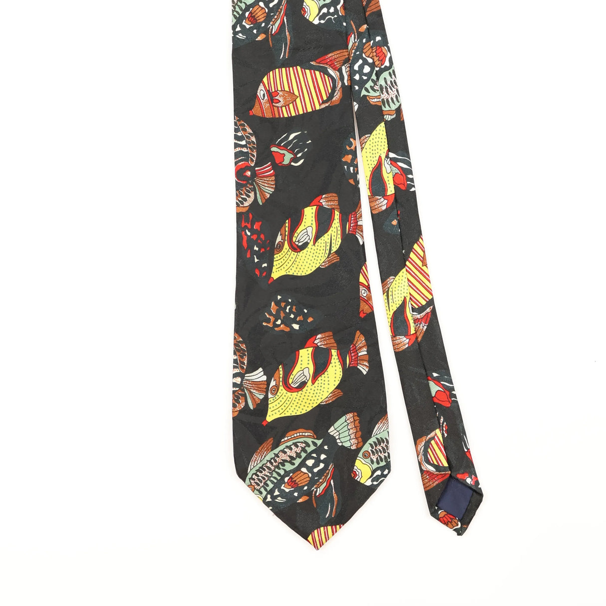 Front Detail of Vintage 1990's Renaissance Fish Animal Print Patterned Tie