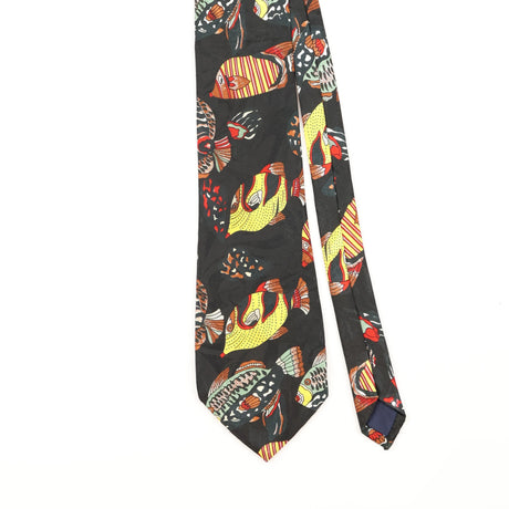 Front Detail of Vintage 1990's Renaissance Fish Animal Print Patterned Tie