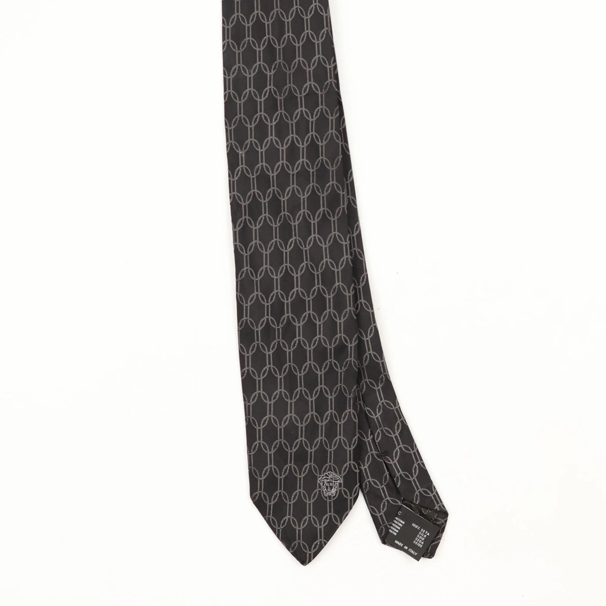 Front Front Detail of Vintage 1990's Versace Chain Link Geometric Patterned Tie