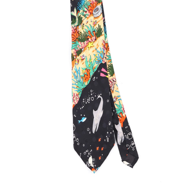 Front Front Detail of Vintage 1990's Nicole Miller Scuba Diving Animal Print Patterned Tie