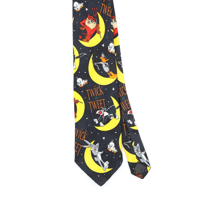 Front Front Detail of Vintage 1990's Looney Tunes Halloween Cartoon Patterned Tie