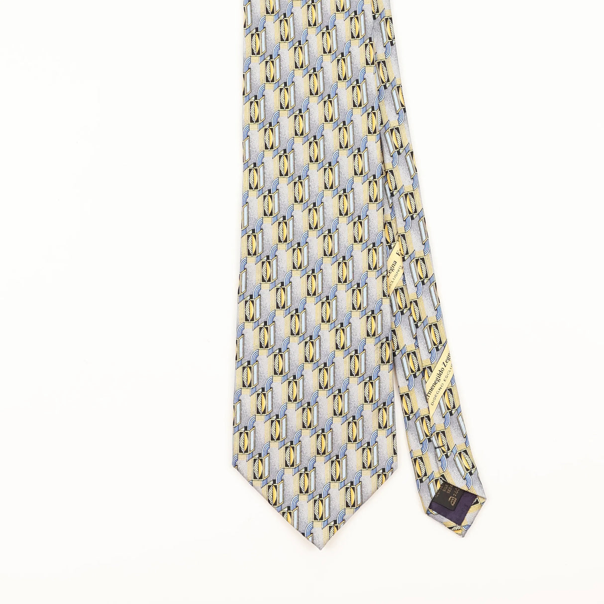 Front Detail of Vintage 1990's Ermenegildo Zegna Geometric Patterned Tie